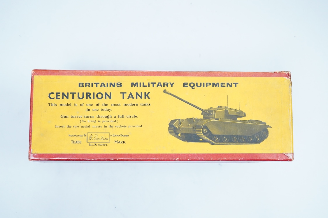 A boxed Britains Centurion Tank (No.2154), in desert warfare sand coloured finish, box with illustrated lid, complete with the original packet for the aerials, however aerials missing
